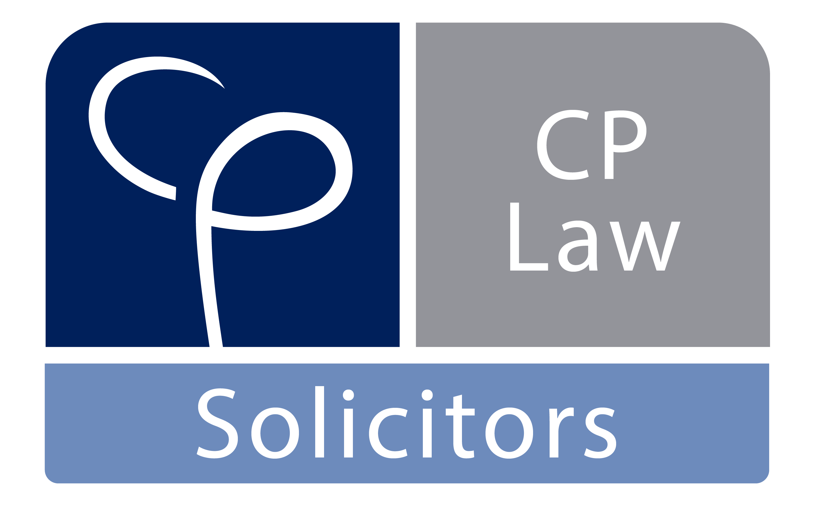 CP Law Solicitors logo with stylized CP letters on blue and gray background.