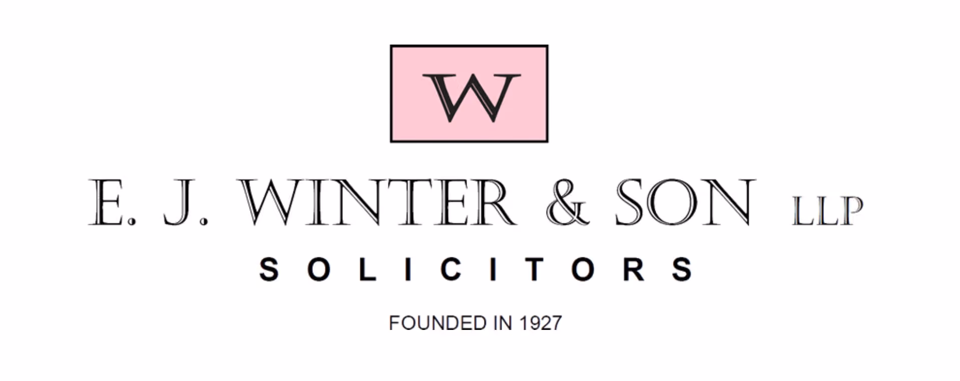Logo of E. J. Winter & Son LLP Solicitors with a pink square featuring a W, founded in 1927.