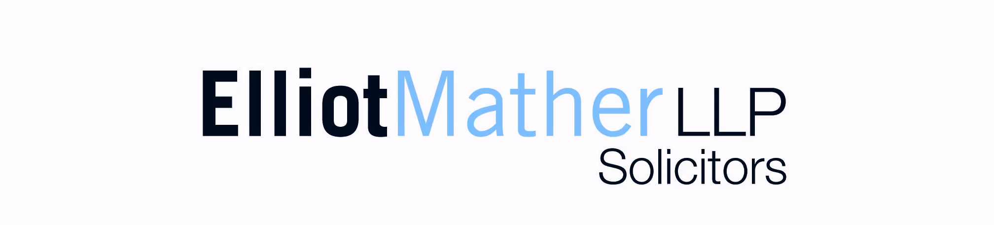 Elliot Mather LLP Solicitors logo with part black and part light blue text on a white background.