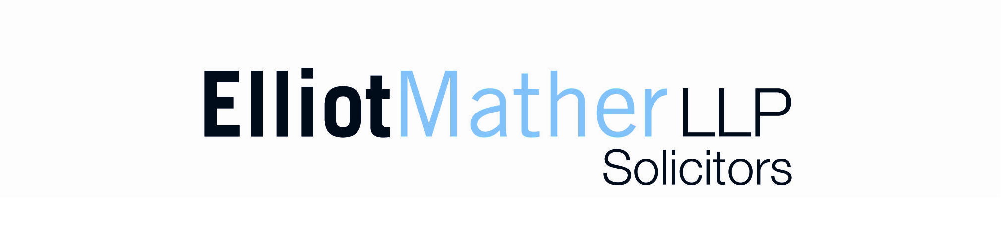 Elliot Mather LLP Solicitors logo with part black and part light blue text on a white background.