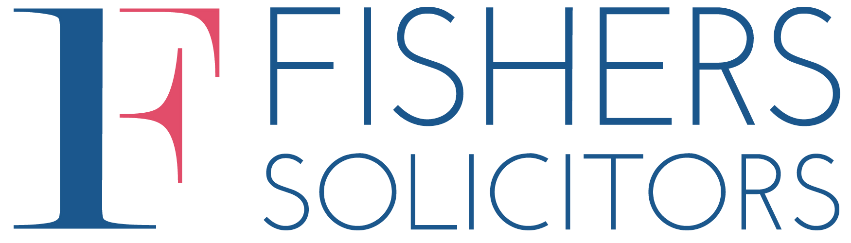 Logo with large stylized letters 'F' and 'f' next to text 'Fishers Solicitors' in blue and pink.