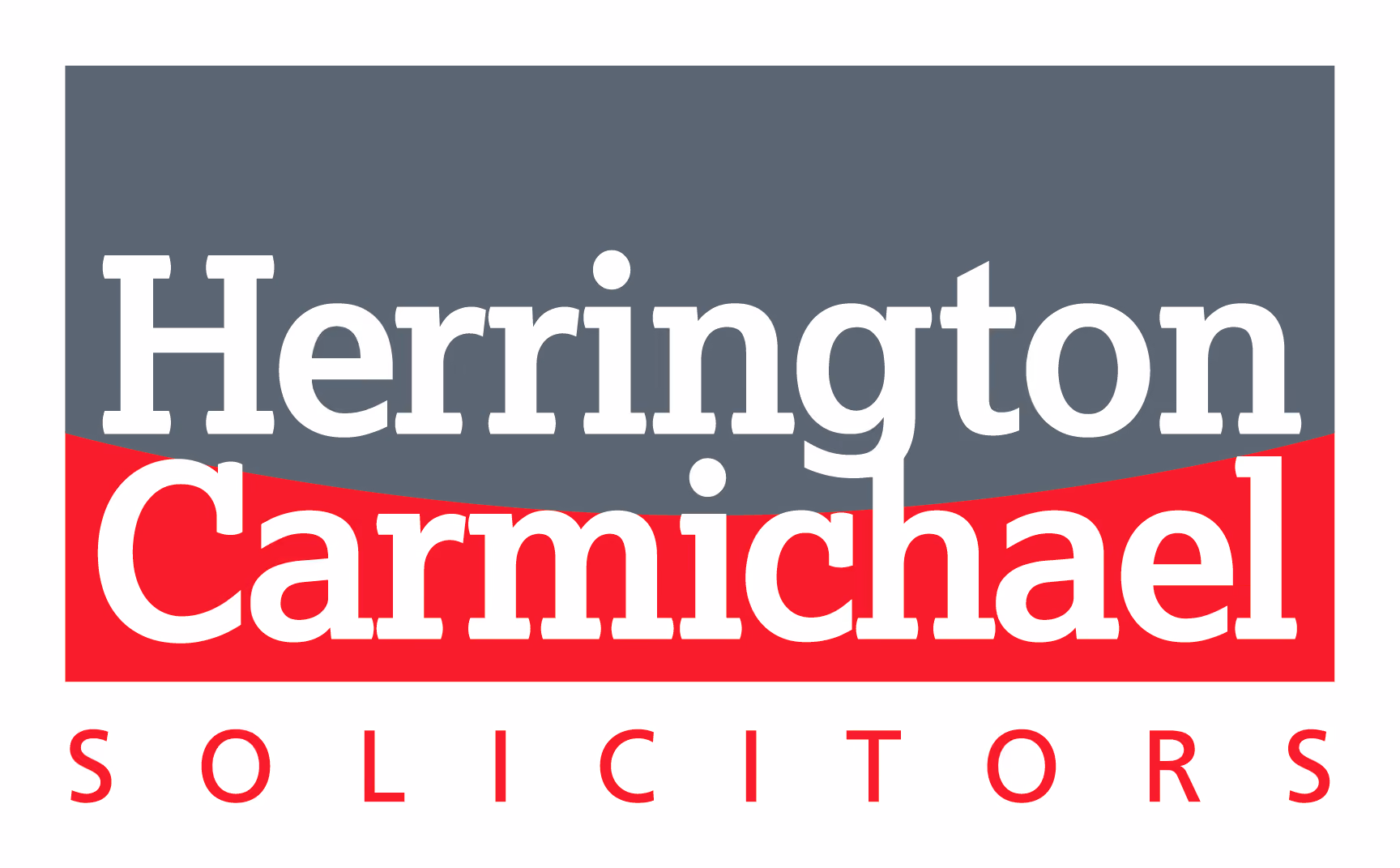 Logo with the text Herrington Carmichael Solicitors in white and red on a blue and red background.