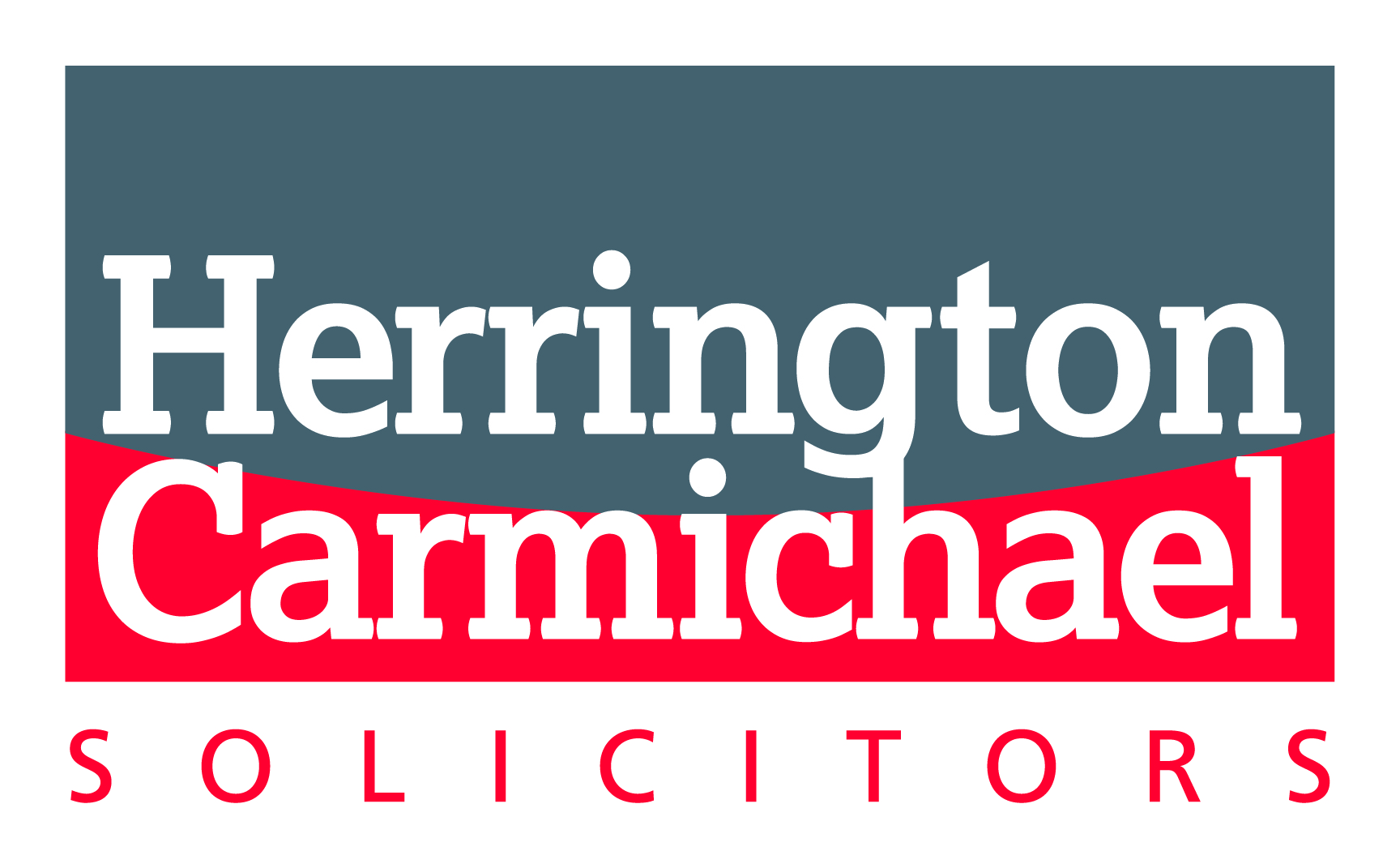 Logo with the text Herrington Carmichael Solicitors in white and red on a blue and red background.