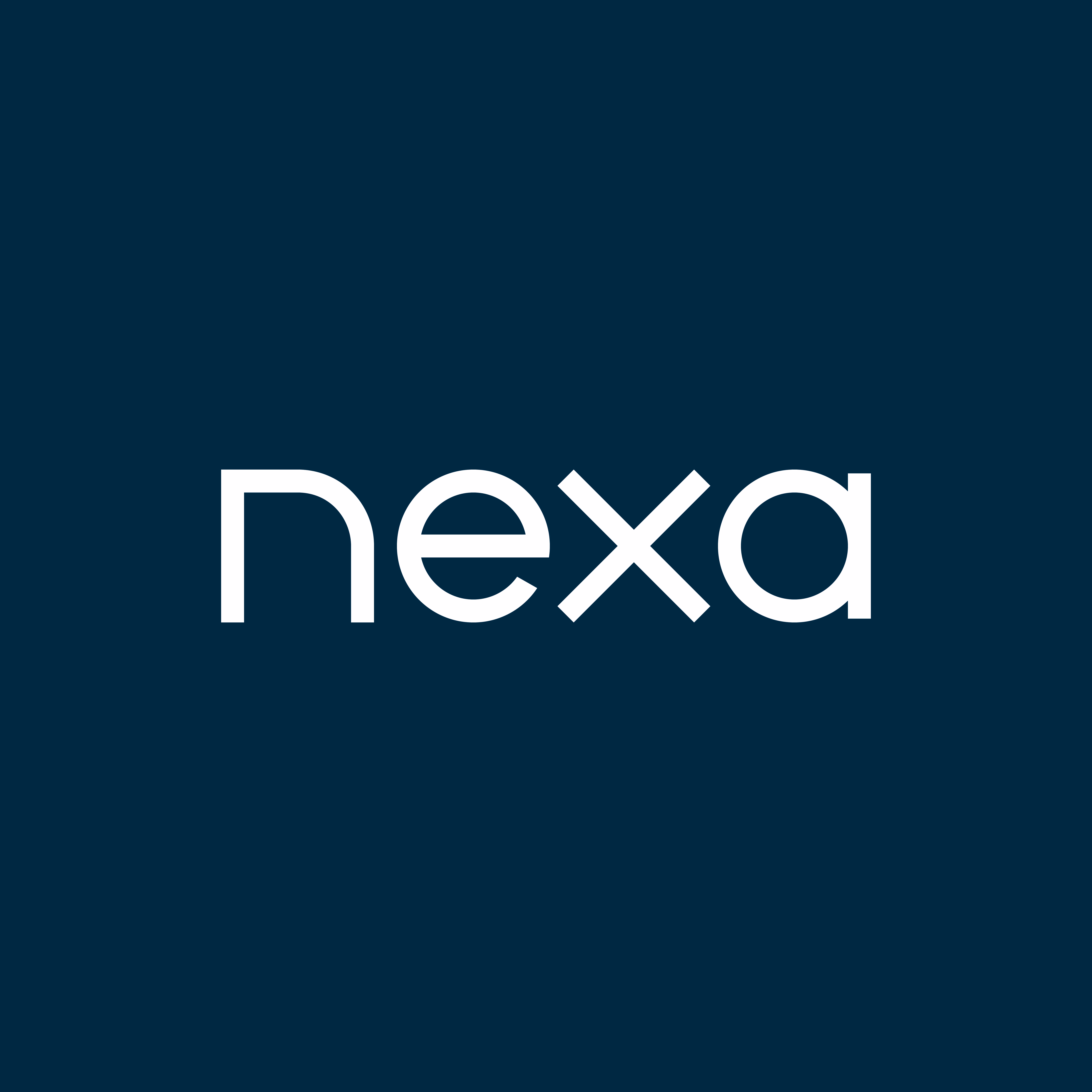 Logo with the word nexa in lowercase white letters on a dark blue background.