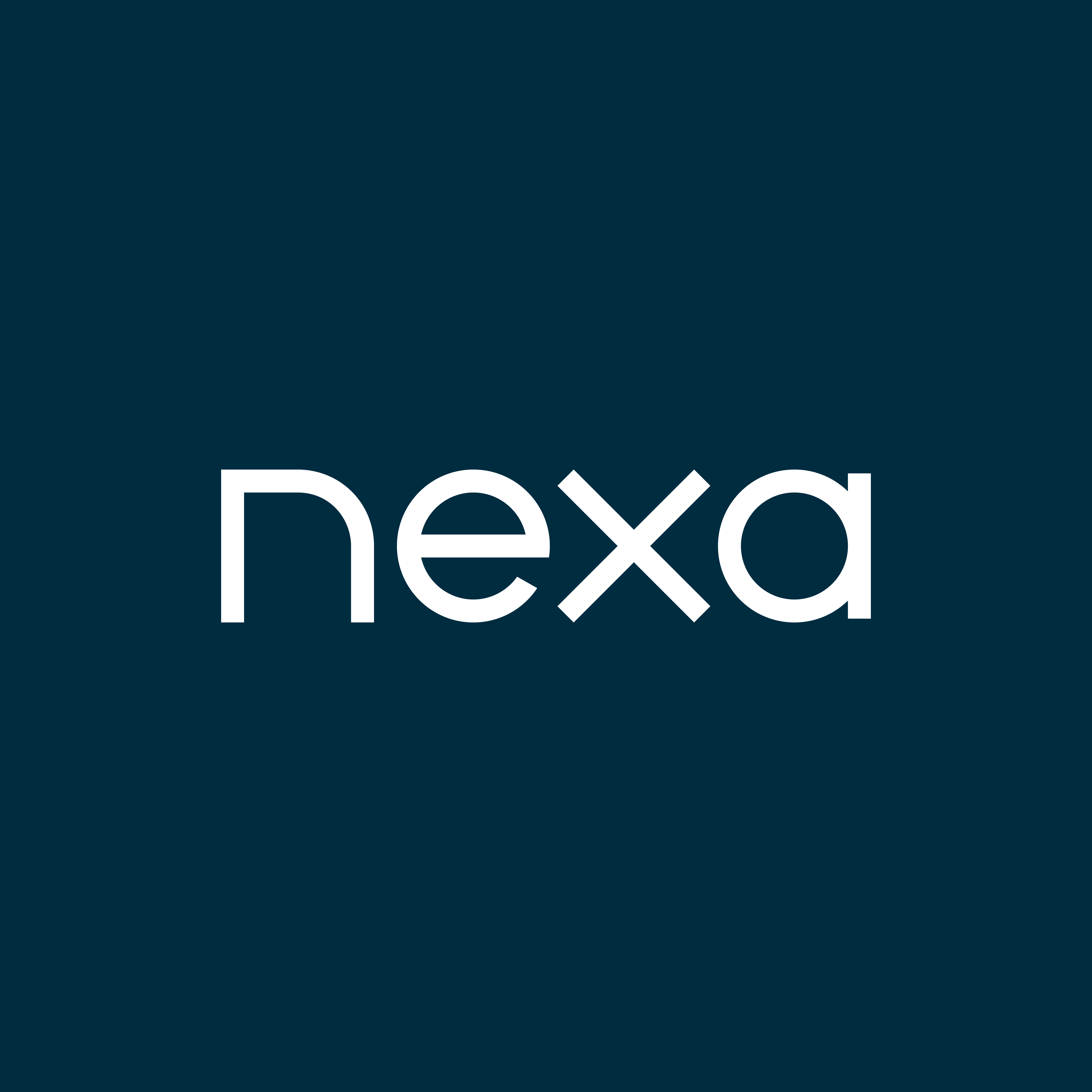 Logo with the word nexa in lowercase white letters on a dark blue background.