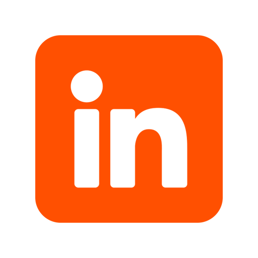 LinkedIn icon with white 'in' letters on an orange rounded square background.