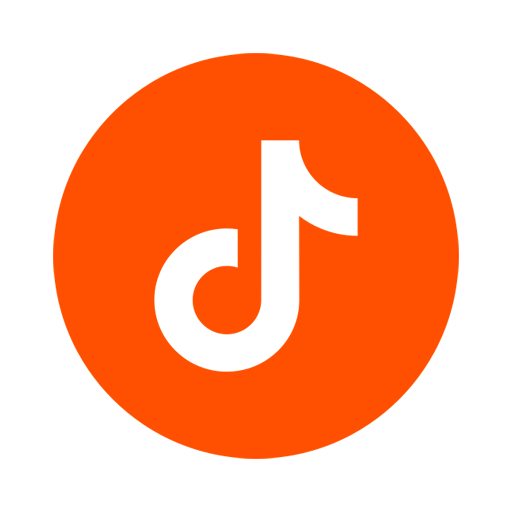 White TikTok musical note logo inside an orange circle.