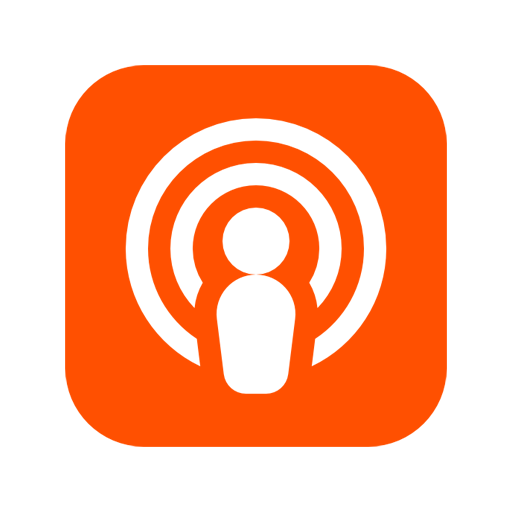 White Apple Podcasts icon on an orange rounded square background.