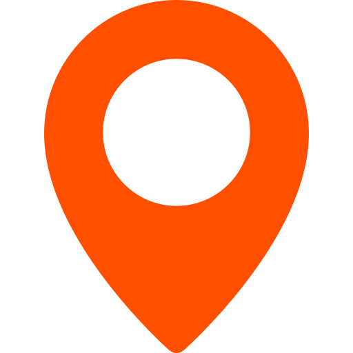 Orange map location pin icon with a hollow center on a white background.