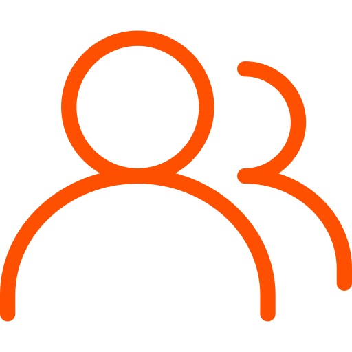 Orange outline icon of two people, one behind the other, representing users or group.