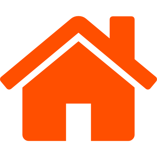 Solid orange house icon with a chimney on a white background.