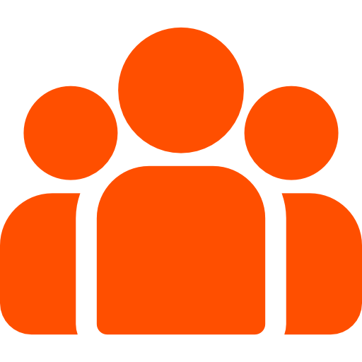 Three orange simplified human figures representing a group or community.