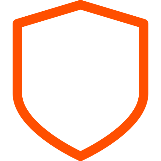 Orange outlined shield icon representing protection or security on a white background.