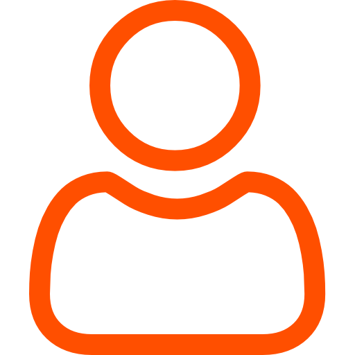 Orange user profile icon with a circular head and shoulders outline on white background.