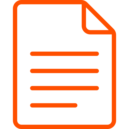 Orange outline icon of a document with text lines and a folded corner.
