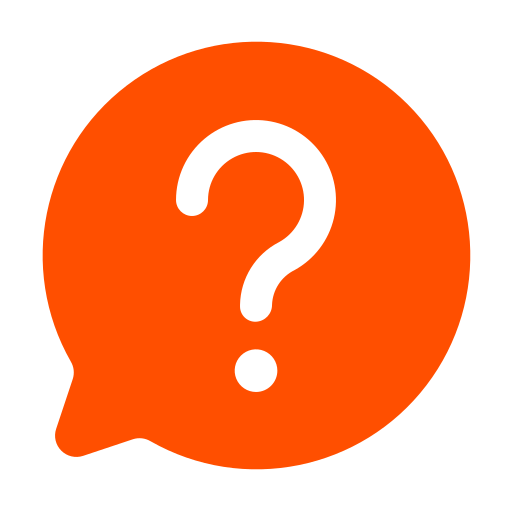 Orange speech bubble with a white question mark inside representing enquiries or questions.