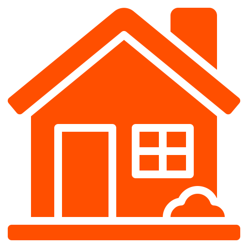 Orange house icon with roof, door, window, and shrub on a white background.