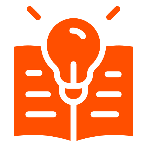 Orange light bulb glowing above an open book representing learning and ideas.