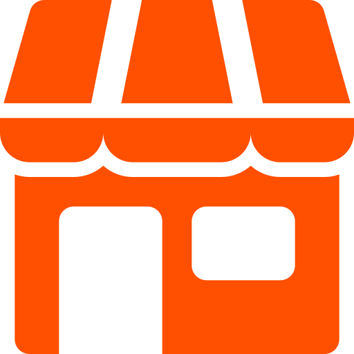 Orange icon of a storefront with an awning and a display window.