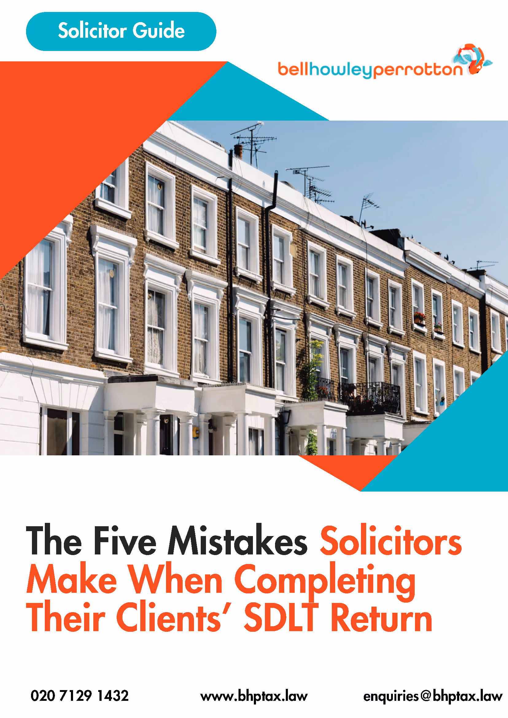 Row of brown brick terraced houses under clear blue sky, text about solicitor guide and SDLT mistakes.