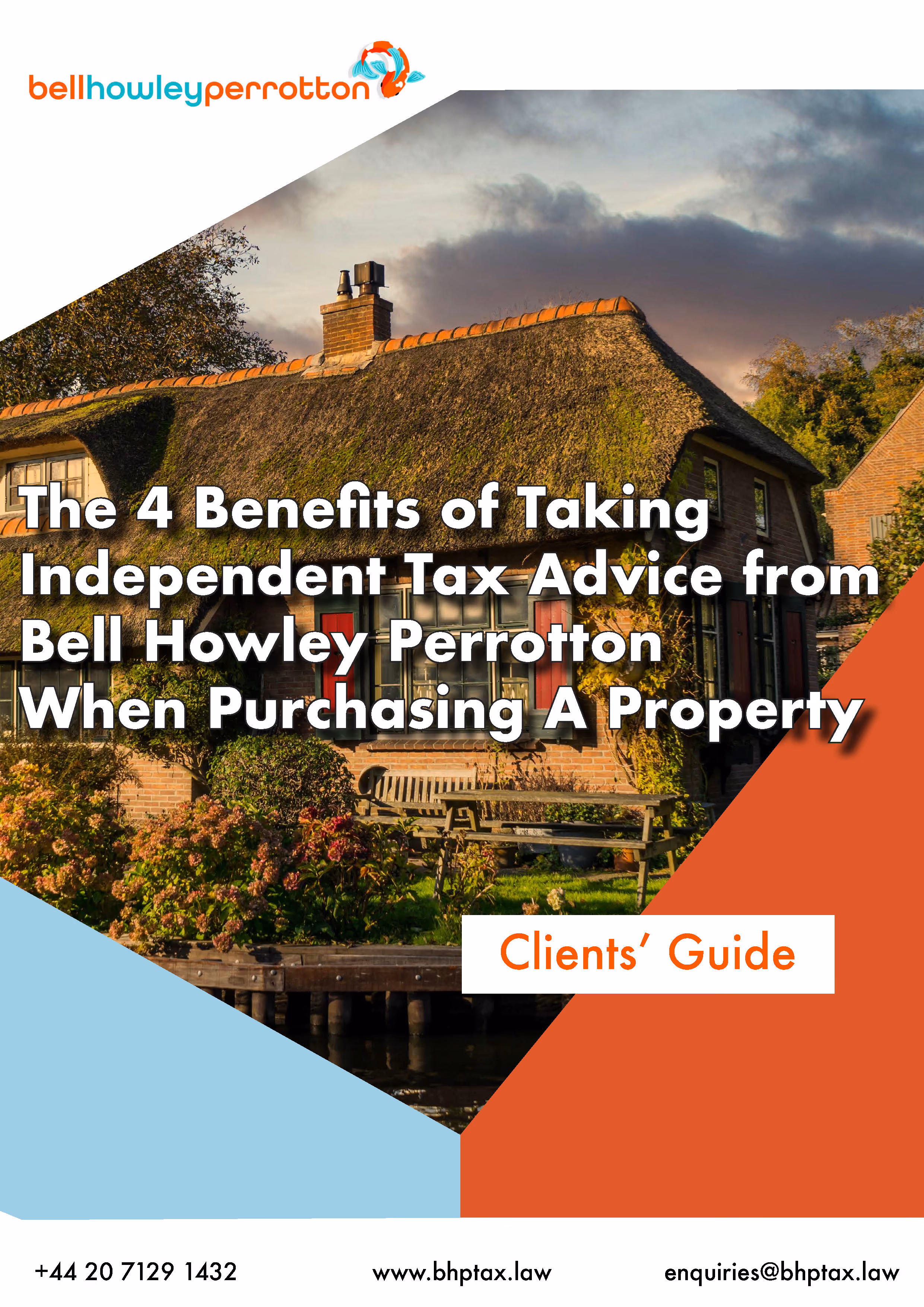 Thatched roof cottage with garden under moody sky and text about tax advice from Bell Howley Perrotton.