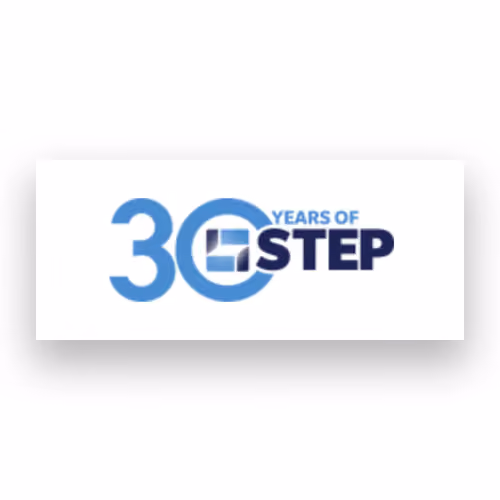 Logo reading 30 Years of STEP with a blue circle and geometric design inside the zero.