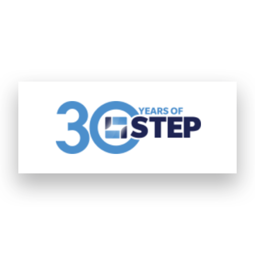 Logo reading 30 Years of STEP with a blue circle and geometric design inside the zero.