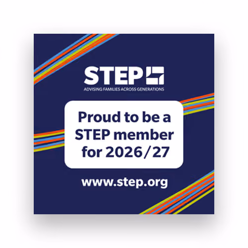 STEP logo with text: Proud to be a STEP member for 2026/27 and website www.step.org on navy background.