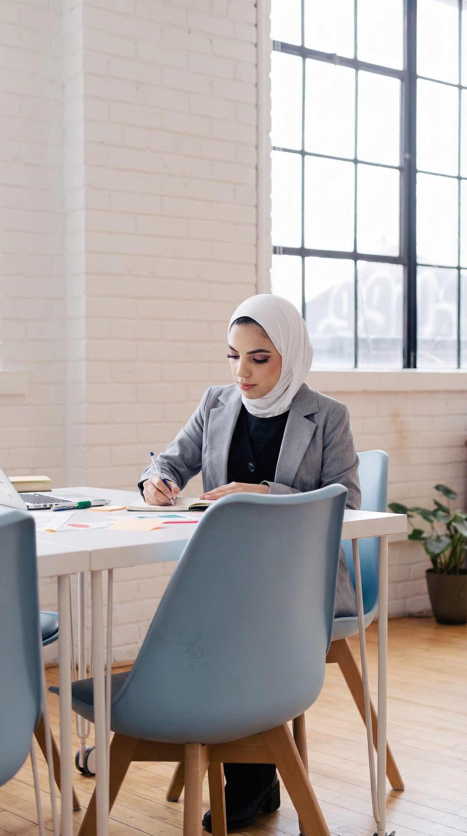 Woman in a white hijab and gray blazer writing at a desk in a bright office with large windows.