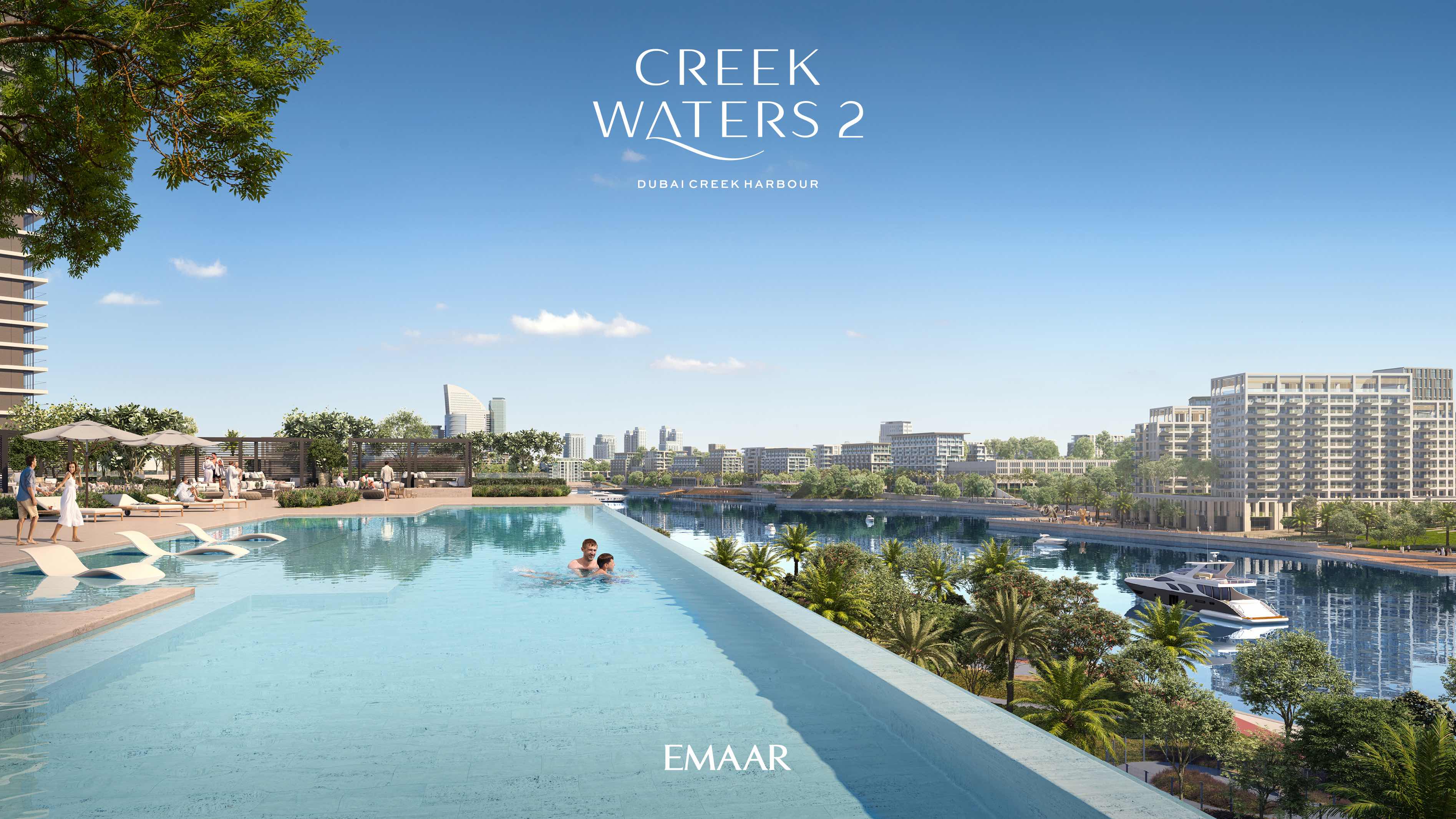 Infinity pool overlooking a marina with yachts, surrounded by modern buildings and palm trees under a clear blue sky.