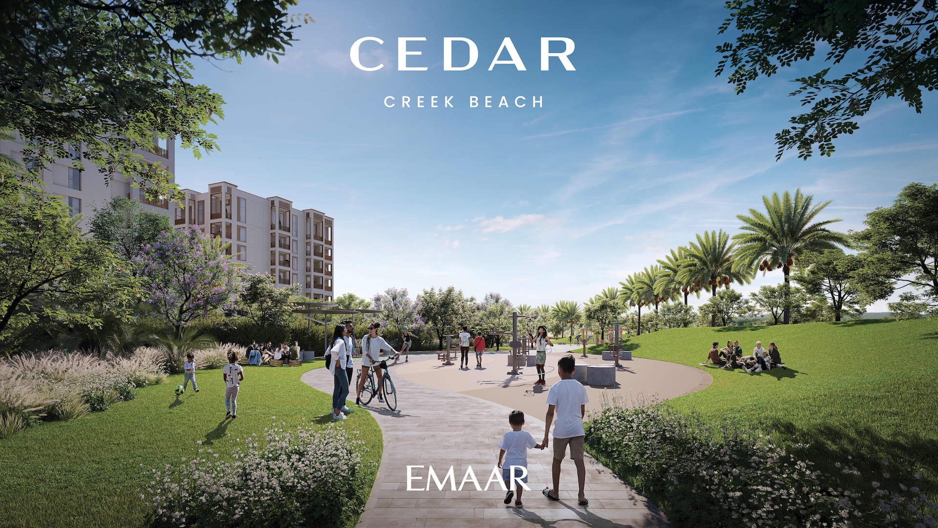 People walking and playing in a green park area with trees, exercise equipment, and residential buildings under a clear blue sky at Cedar Creek Beach.
