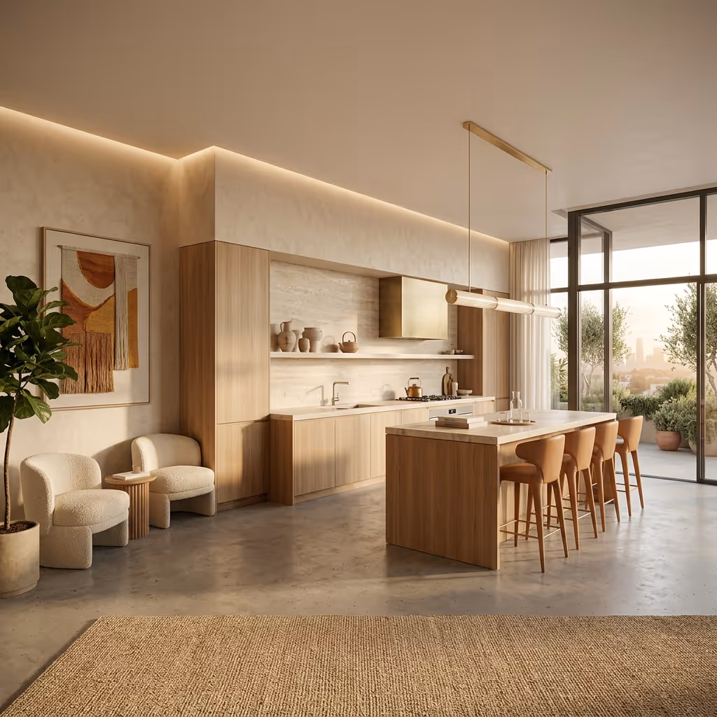 Modern kitchen with wood cabinetry, island with five tan bar stools, beige chairs, large window overlooking a terrace with plants.