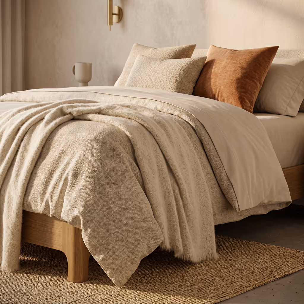 Cozy bed with beige textured bedding, a soft throw blanket, and pillows in cream and brown tones on a wooden frame with a woven rug underneath.
