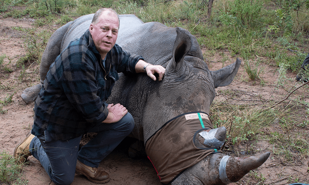 Prof James Larkin with a rhino