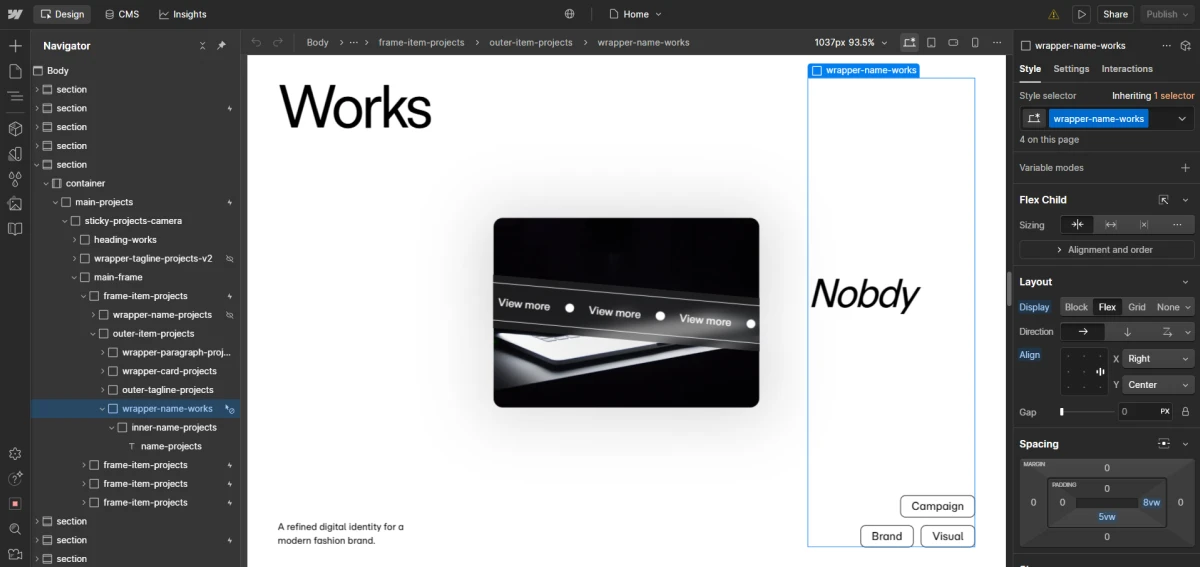 Website interface showing the Works section.