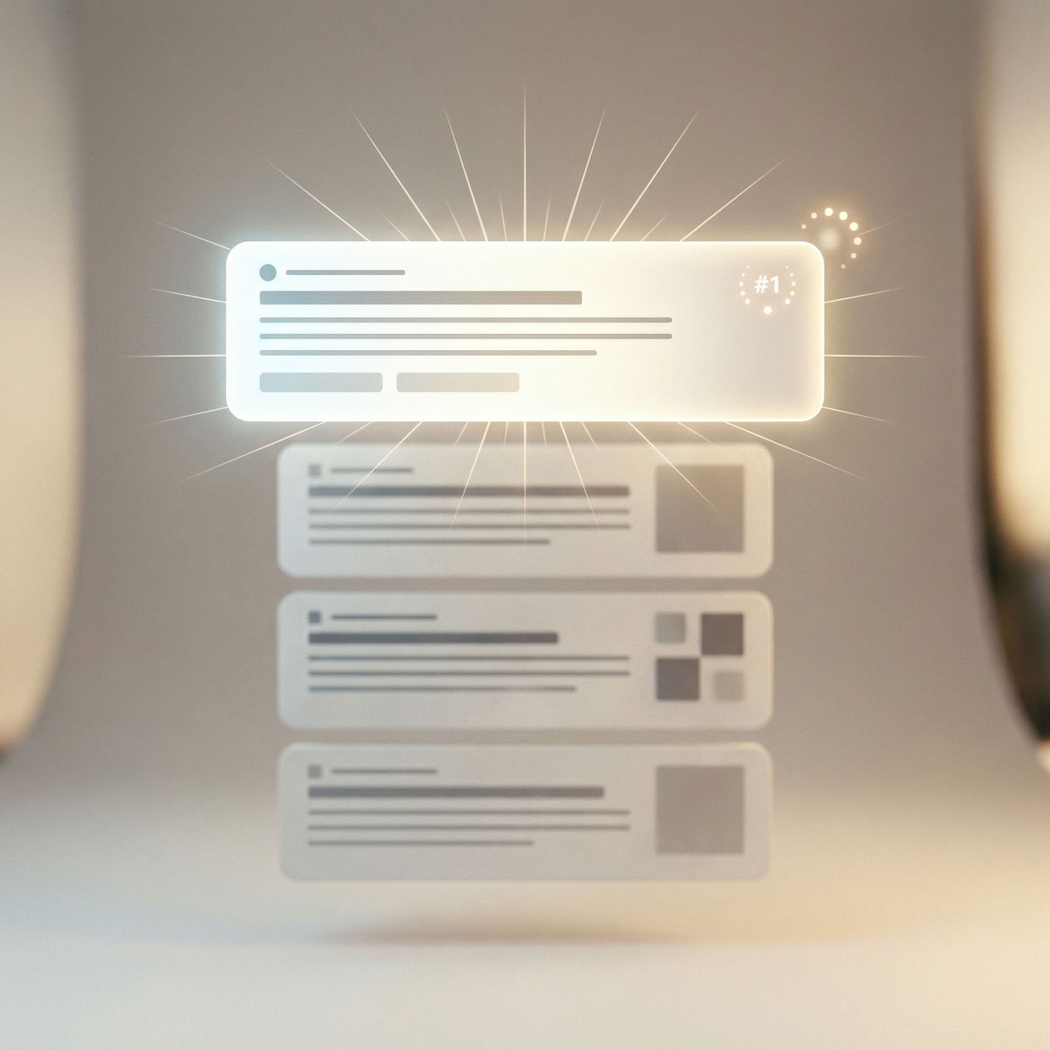 Illustration of a glowing top search result highlighted as #1 above three other greyed-out search listings.