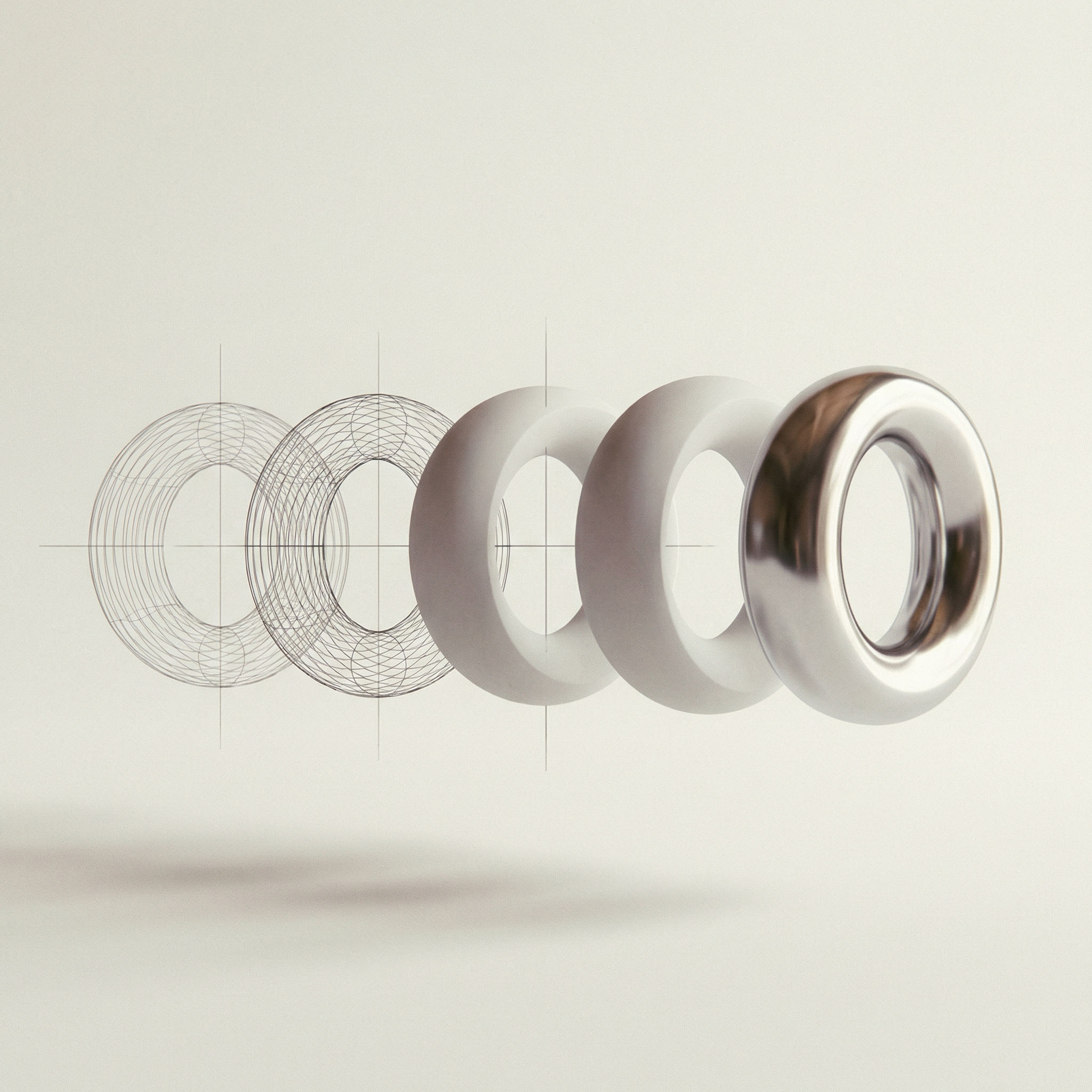 Progressive rendering of a torus shape from wireframe to smooth metallic surface on a light background.