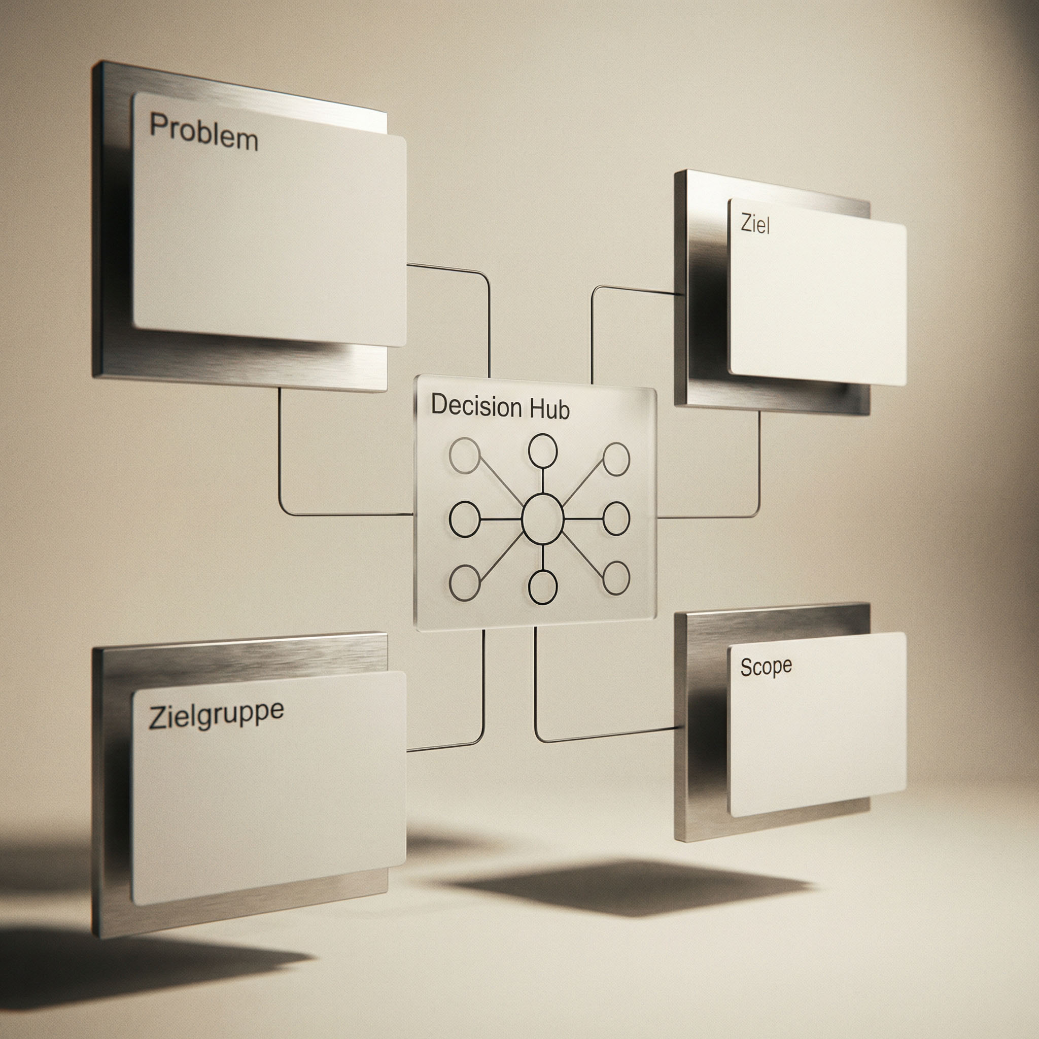 Diagram showing a central Decision Hub connected by lines to four labeled nodes: Problem, Ziel, Zielgruppe, and Scope.