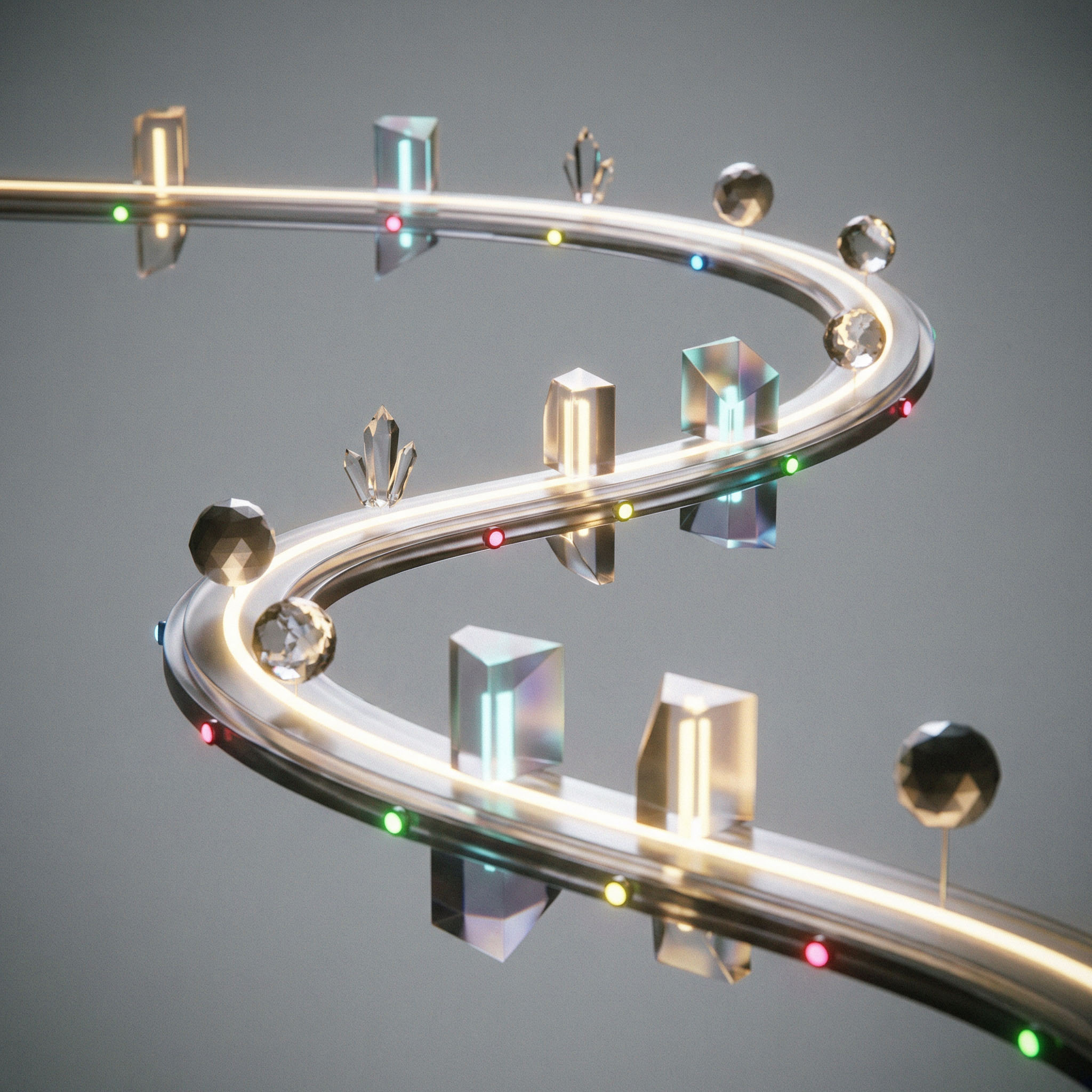 Curved, illuminated track with colorful lights and translucent geometric shapes and spheres placed along it.