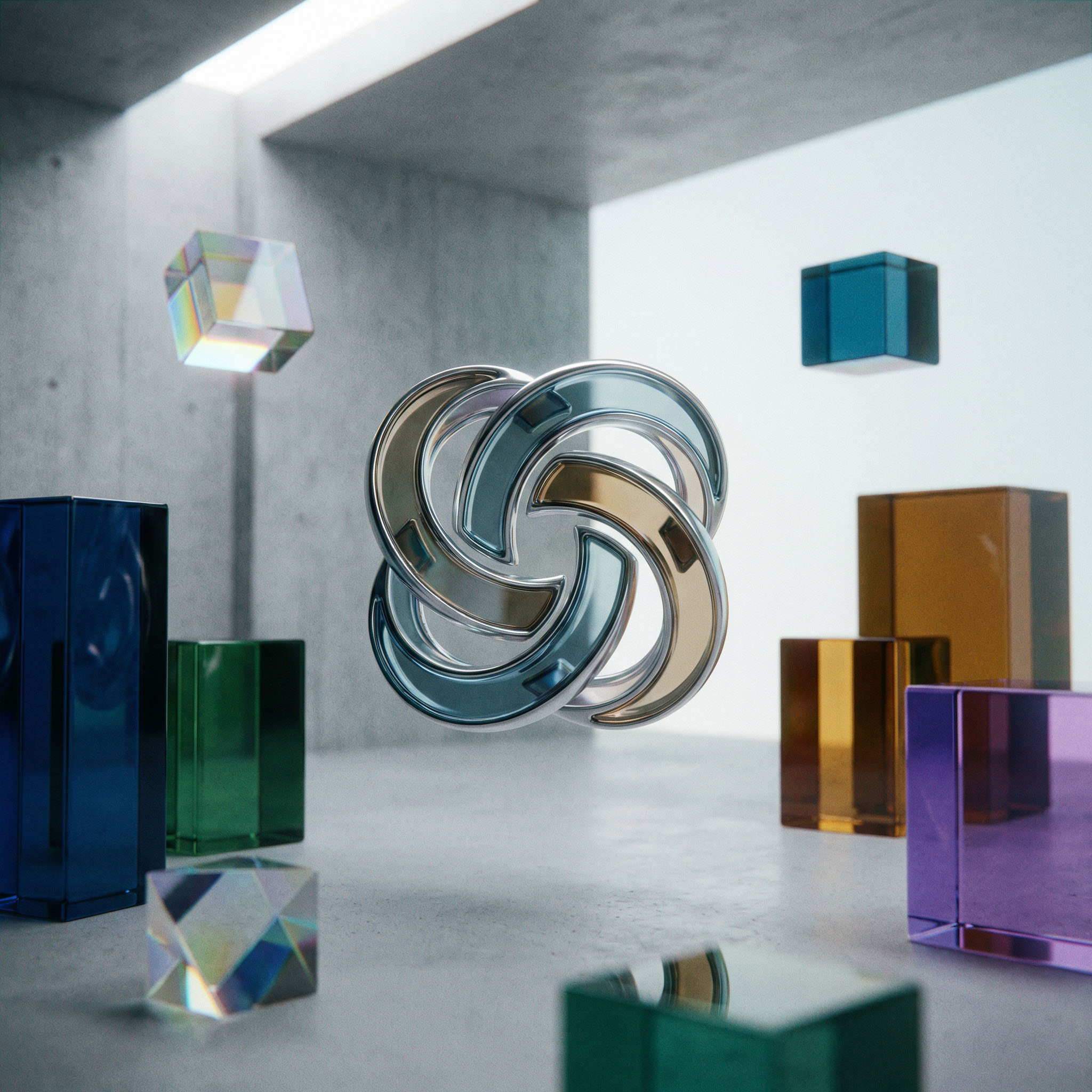 Abstract 3D scene with interlocking metallic rings floating among translucent colored cubes and rectangular prisms in a minimalist room.