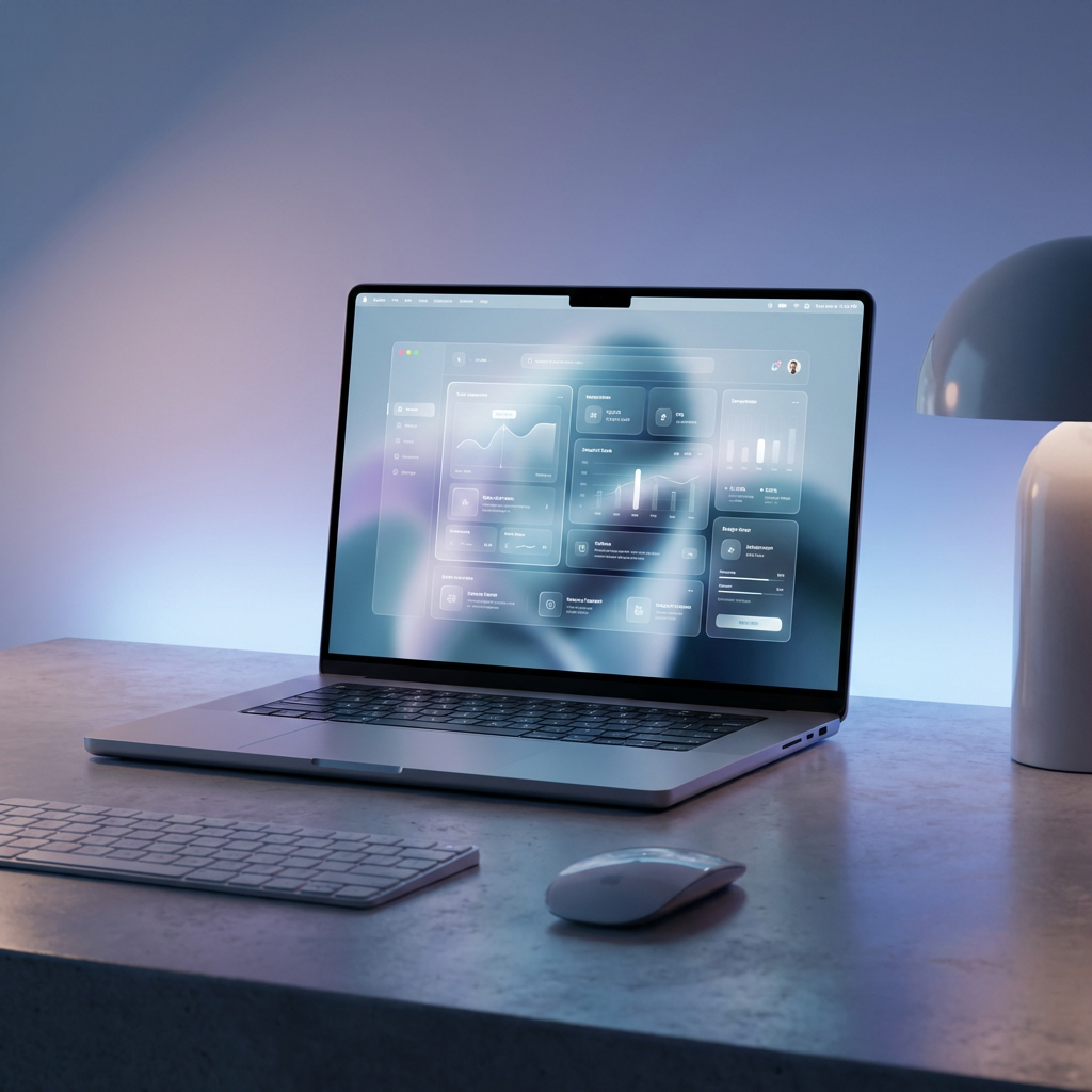 Laptop on a desk displaying a blurred data dashboard with charts and graphs, accompanied by a wireless keyboard, mouse, and a modern white desk lamp.
