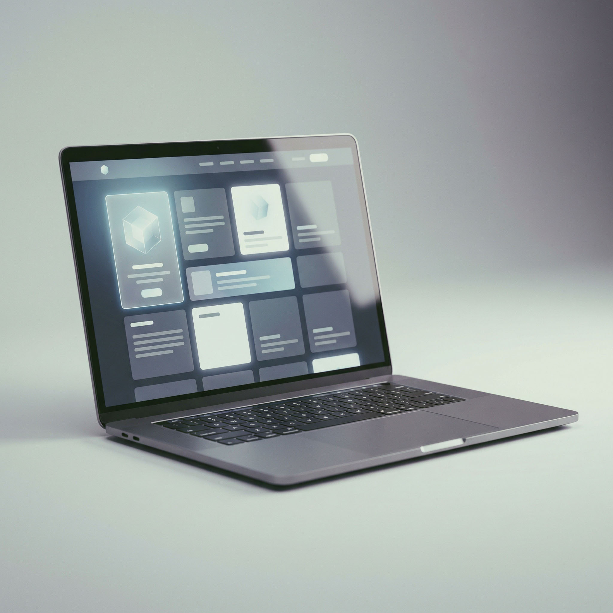 Laptop displaying a dark-themed interface with various cards and icons on the screen.