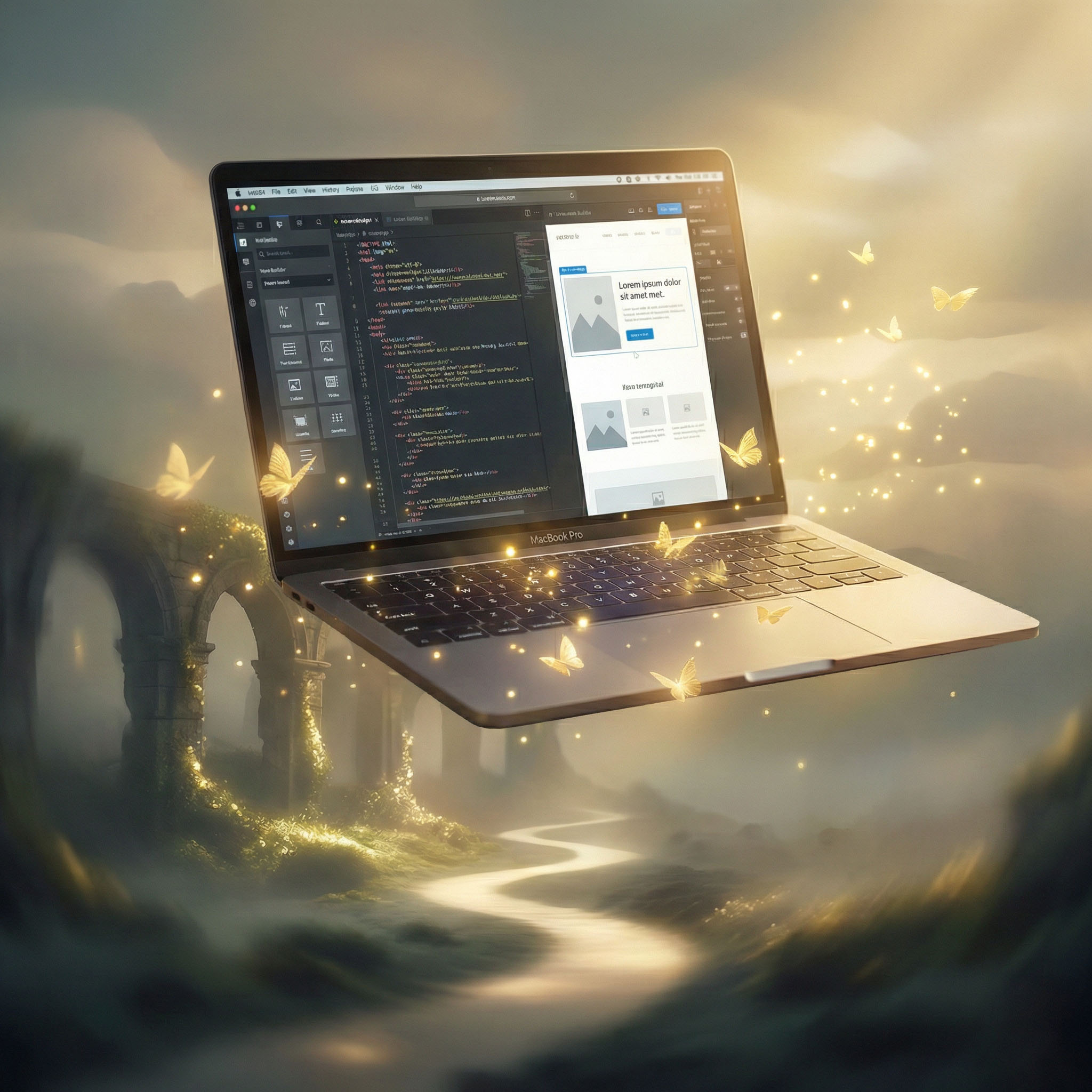 MacBook Pro laptop floating above a misty path with glowing butterflies and ancient stone arches in the background.