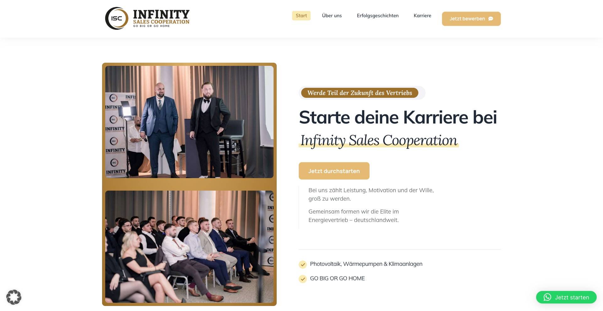 Website career section with two images of people in formal attire at a sales event and German text encouraging starting a career at Infinity Sales Cooperation.