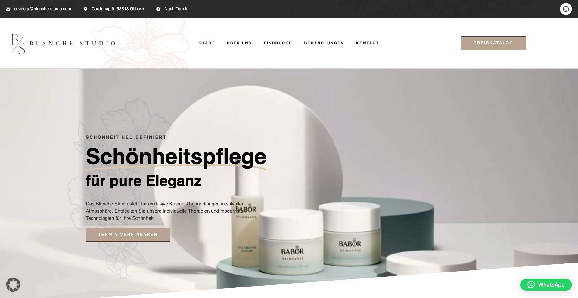 Cosmetic skincare products displayed on circular platforms with text promoting exclusive beauty treatments at Blanche Studio.