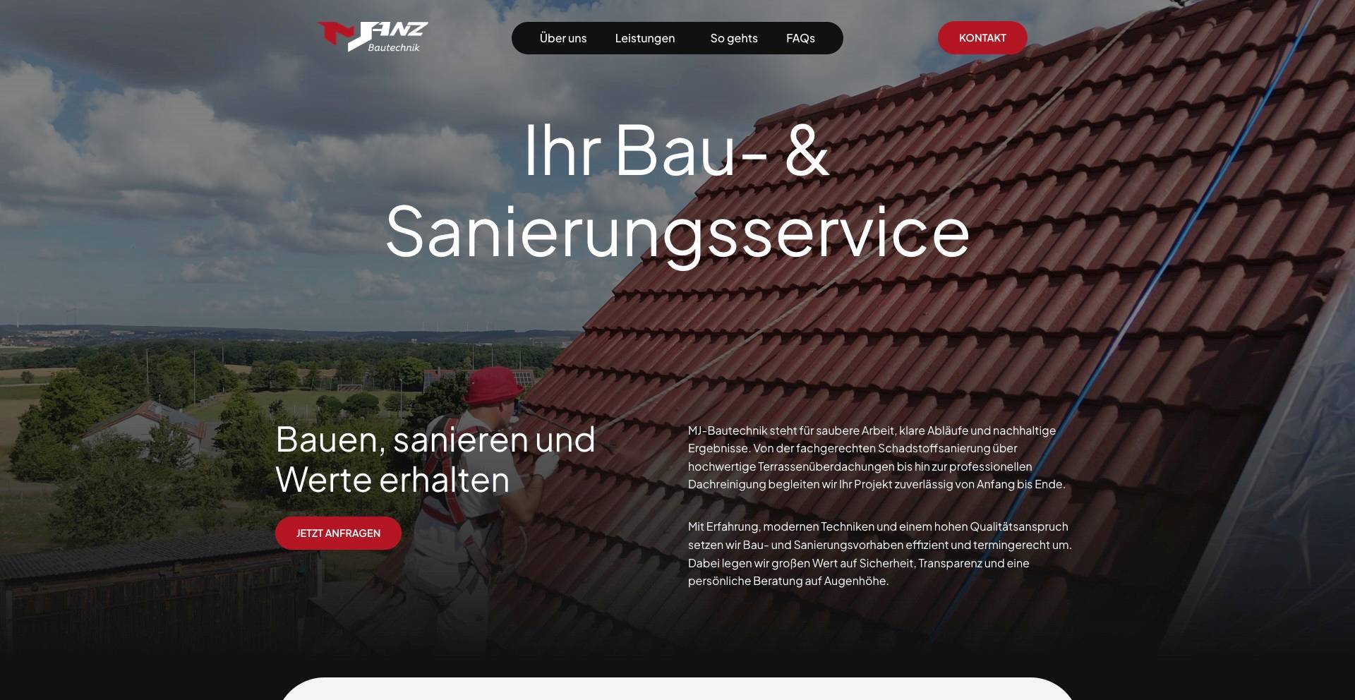 Worker in red hat and white outfit cleaning or repairing a brown tiled roof with a rural landscape in the background.