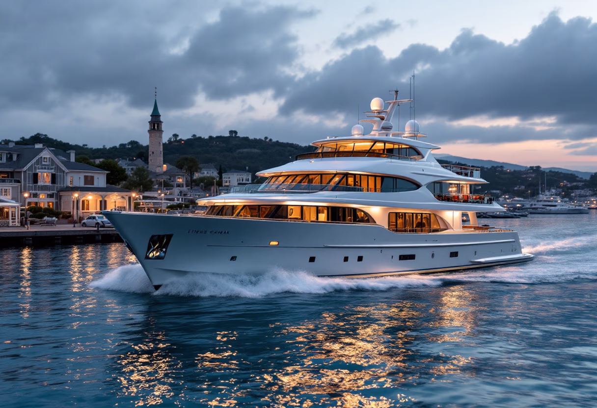White luxury yacht cruising near a harbor at dusk with illuminated windows and reflections on water.