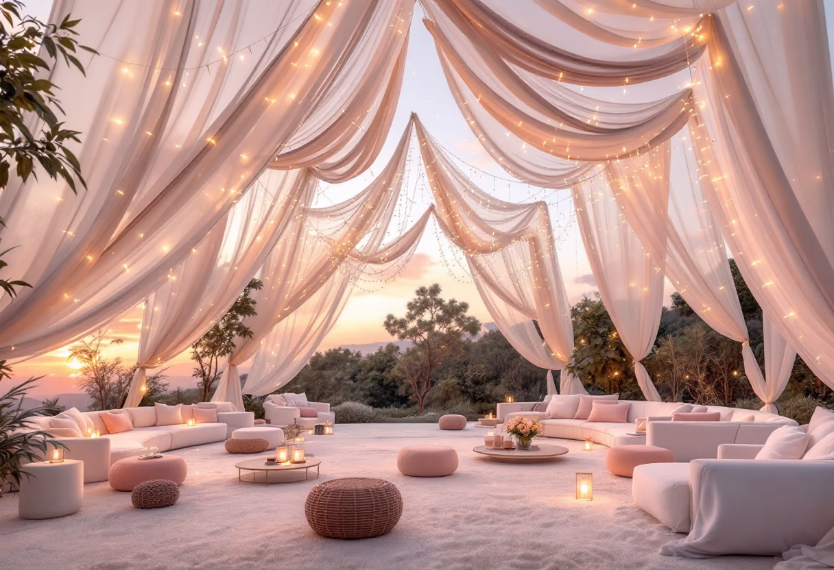 Elegant outdoor lounge area at sunset with sheer drapes and string lights over cushioned white and pink seating.