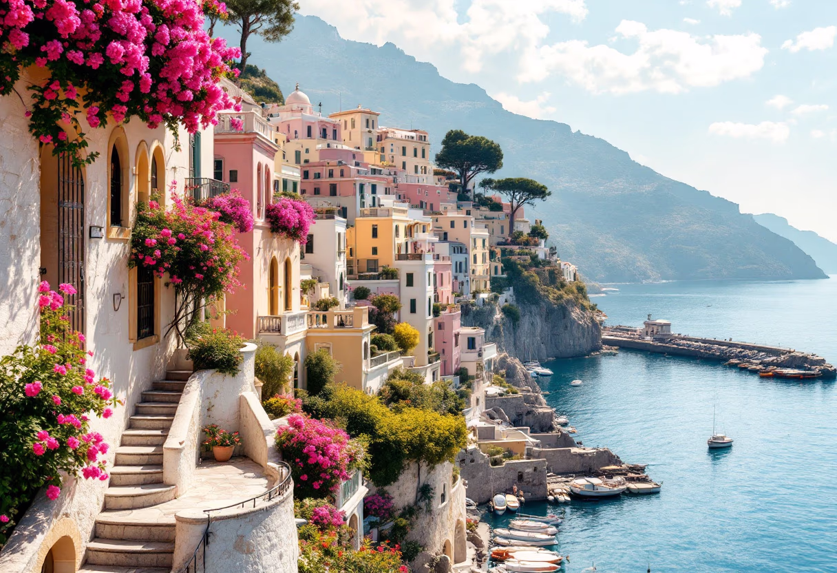 Colorful buildings with vibrant pink flowers cascading down walls, perched on a cliffside overlooking a calm blue sea with boats and distant mountains under a partly cloudy sky.