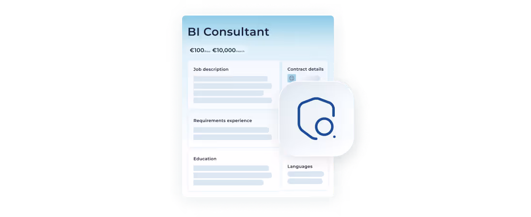 Job listing for a BI Consultant showing salary range, job description, requirements, education, contract details, and languages sections.